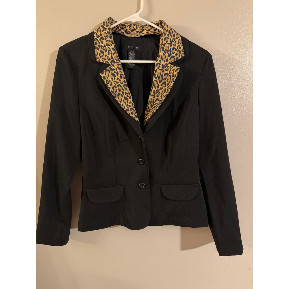 B. SMART Women Black Blazer Leopard Print Collar‎ Button Front Jacket Size 12
